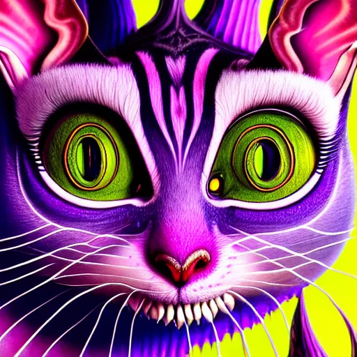 Image similar to An extremely psychedelic portrait of Cheshire cat, Surreal, LSD, face, detailed, intricate, elegant, lithe, highly detailed, digital painting, artstation, concept art, smooth, magical, Occult, astonishingly beautiful, sharp focus, illustration