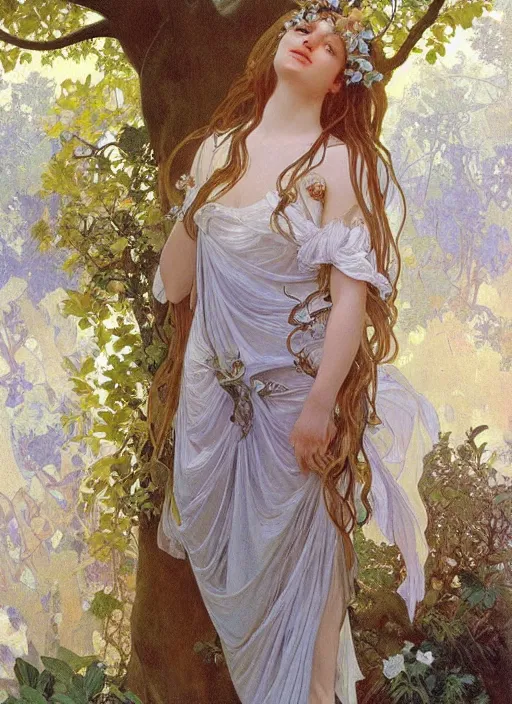 Prompt: beautiful oil painting full body portrait of fairy princess soft skin silver hair standing in tree by Noah Bradley Alphonse mucha