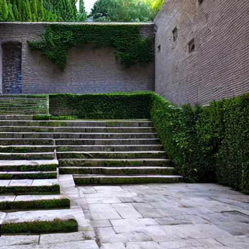 Prompt: courtyard complex of a labyrinthine monastary made of iteratively stacked stones, fusion of carlo scarpa and louis kahn, ivy growing on the bricks, people walking around and sitting on steps, architectural photography