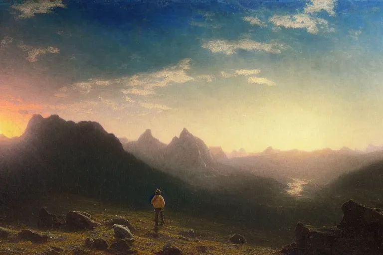 Prompt: a traveler wandering trough the mountains looking at the clouds, hyperdetailed, focused, oil painting, cinematic lighting, albert bierstadt, trending on artstation, colorful, canvas, sunset, centered, hans dahl, theodor kittelsen, hermann hendrich, national geographic, Konstantin Yakovlevich Kryzhitsky, beautiful nature, breathtaking, nordic, photorealistic