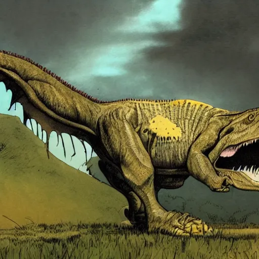 Prompt: tyrannosaurus rex standing in a prehistoric savannah, concept art by frank miller