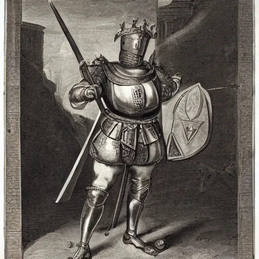 Prompt: donald trump, wearing knight ’ s armor, holding a spectacular broadsword, by annibale carracci, two arms, two legs, symmetrical face, detailed face