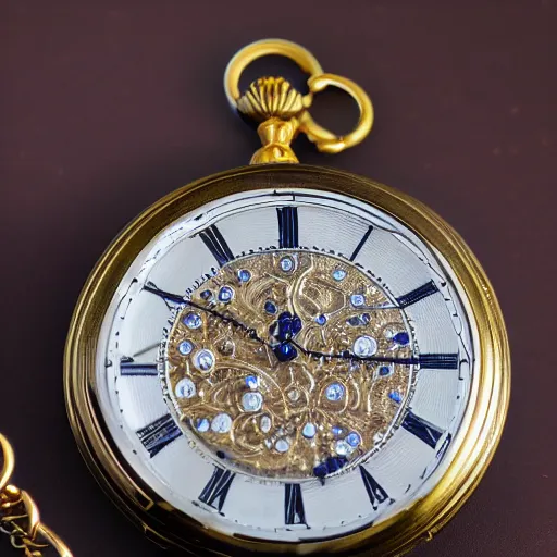 Prompt: close up photo of a sapphire and gold pocket watch, high detail, complex