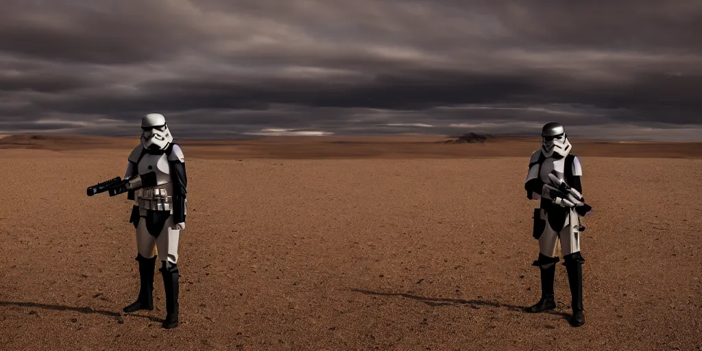 Image similar to scout trooper holding a lightsaber, icelandic desert, cinematic, underexposed, cinematography by greig fraser