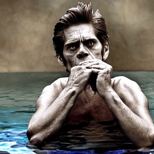 Prompt: photograph of Willem Dafoe sitting underwater, thinking intensely