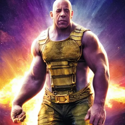 Image similar to vin diesel as thanos, 8k, hyper realistic, cinematic