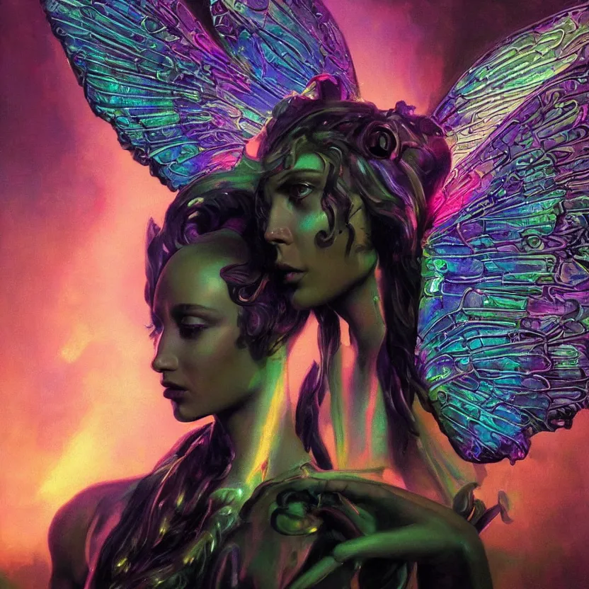 Prompt: a baroque neoclassicist close - up portrait of a colorful retrofuturistic blacklight uv silhouette of an alien fairy godess with iridescent wings. glowing fog in the background. renaissance portrait painting. highly detailed science fiction painting by norman rockwell, frank frazetta, and syd mead. rich colors, high contrast, gloomy atmosphere, dark background. trending on artstation