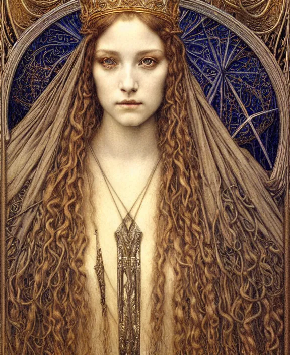 Image similar to detailed realistic beautiful young medieval queen face portrait by jean delville, gustave dore and marco mazzoni, art nouveau, symbolist, visionary, gothic, pre - raphaelite. horizontal symmetry