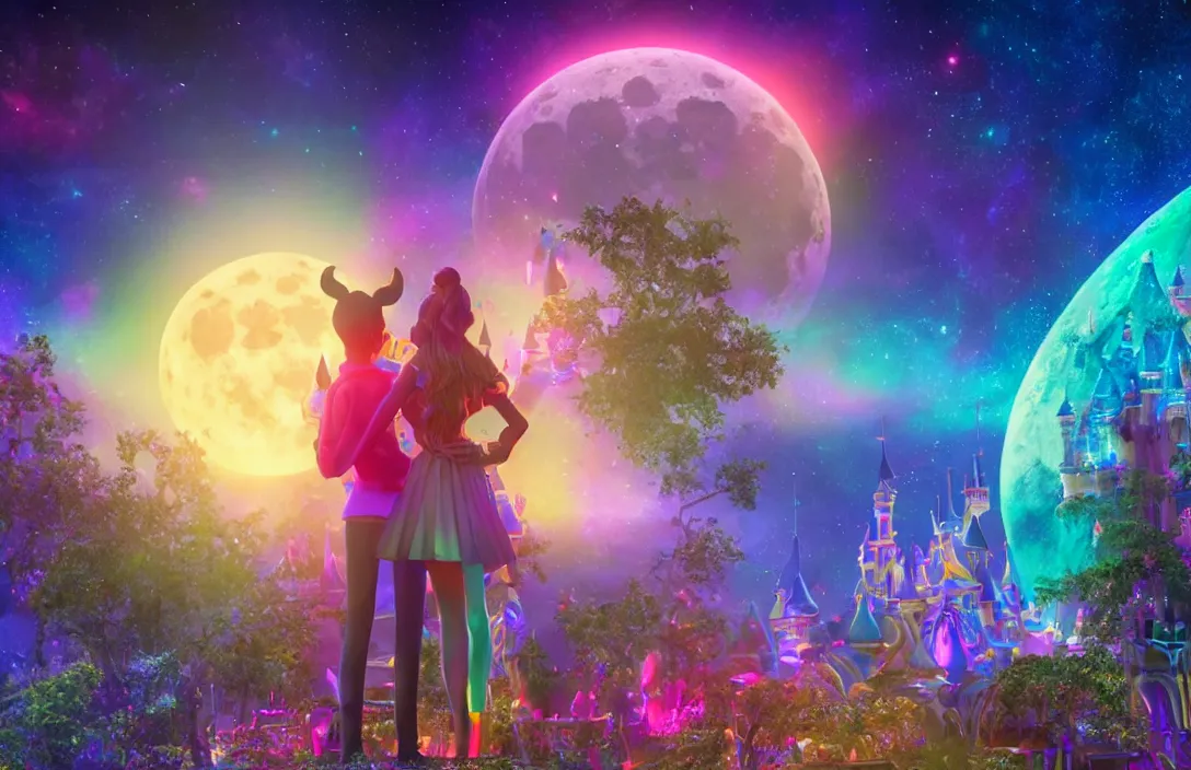 Prompt: boyfriend and girlfriend on a first date in the astral disneyland realm, holding each other, in the background is the astral disneyland resort, with a colorful universe behind it, the moon of disney spirits shines overhead, festive atmosphere, epic fantasy, ultra hd render, + 4 k uhd + very crisp and clear image, romantic