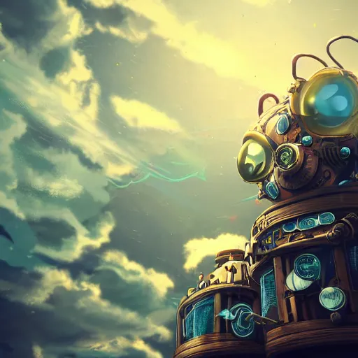 Image similar to a steampunk robotic cat, retro, steam, extremely detailed, particles, cinematic lighting, anime, clouds, sky, lush, beautiful,