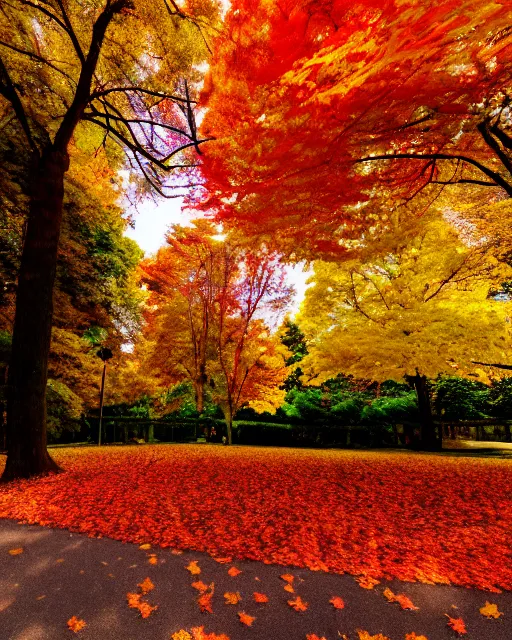 Image similar to Golden autumn, Spreads out Spreads out the leaves, Colorful leaves are lying on the ground, colorful autumn trees, red-yellow colors, autumn, vaporwave pastelwave