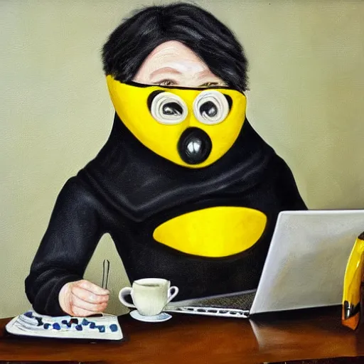 Prompt: tired man in a bumblebee costume drinks coffee in front of a laptop, highly detailed, masterpiece, cartoon, oil on canvas