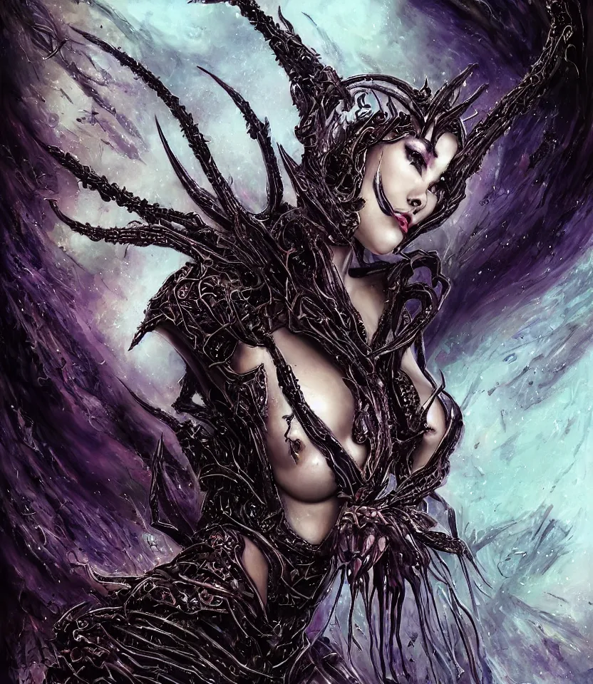 Image similar to close up portrait on the enchanting femenine queen of the zerg, hyper attractive, seductive, very complex, hyper-maximalist, overdetailed, legendary cinematic, darkfantasy, archetype with timeless beauty breathtaking eyes, her spider like legs spread evenly around her framing the image, collossal alien ship in the sky behind her, highly intricate, digital art, very elegant, HDR 8K, biblical art, realism, incomprehensible yet perspicious detail, unbeatable quality, silent hill aesthetic, photorealistic, lifelike, DSLR 8k, unbeatable coherency, Omnious intricate, octane render, created Nixeu & z--ed from deviantart