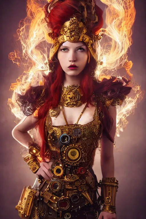 Prompt: a beautiful image of a young woman, steampunk Chandra queen of fire, big googles over her head, long flowing hair flowing with fire, steampunk costume mostly red and gold young female face, cinematic top lighting, insanely detailed and intricate, face by wlop, Charlie Bowater, golden ratio, symmetric, elegant, ornate, luxury, elite, matte painting, cinematic, trending on artstation, deviantart and cgsociety, 8k, high resolution