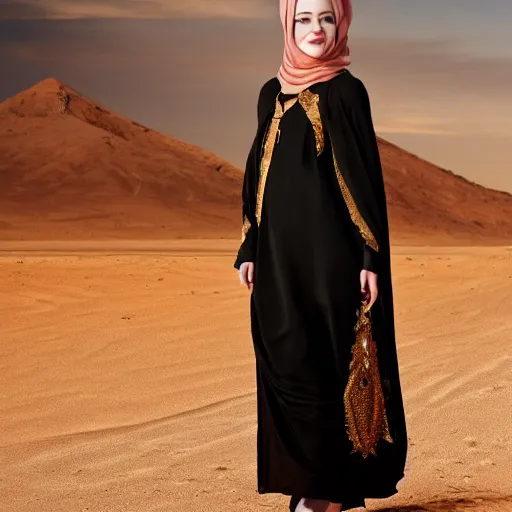 Image similar to A full body portrait of Emma Stone wearing a Black Arabian abaya , high quality, fully detailed, 4k