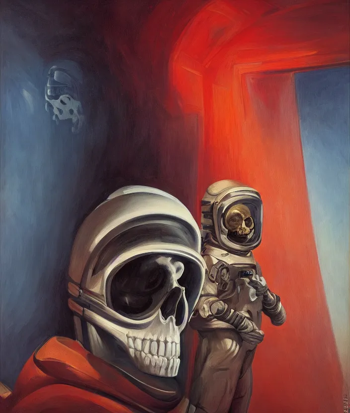 Image similar to a portrait of an astronaut with a skull head standing in front of the entrance to ethereal realm, cinematic and highly detailed oil painting by josep tapiro baro and edward hopper, trending on artstation, oil painting masterpiece, symmetry, mysterious, very aesthetic, cinematic and dramatic red light, 4 k,