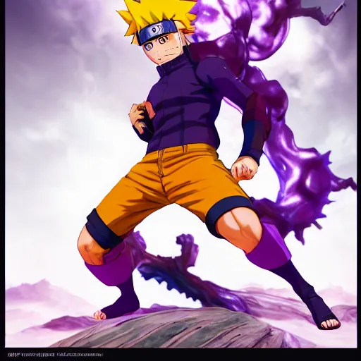 Image similar to close up of a naruto in smooth purple ninja uniform, blue spiked hair, muscular, intense, dramatic pose body of an ultrafine hyperdetailed illustration by mike campau, kim jung gi, irakli nadar, intricate linework, sharp focus, bright colors, octopath traveler, final fantasy, unreal engine 5, global illumination, radiant light.