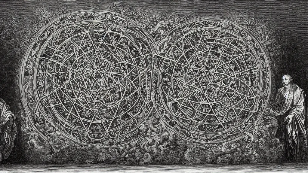 Image similar to mankinds discovery of alchemy sacred geometry engraving by gustave dore