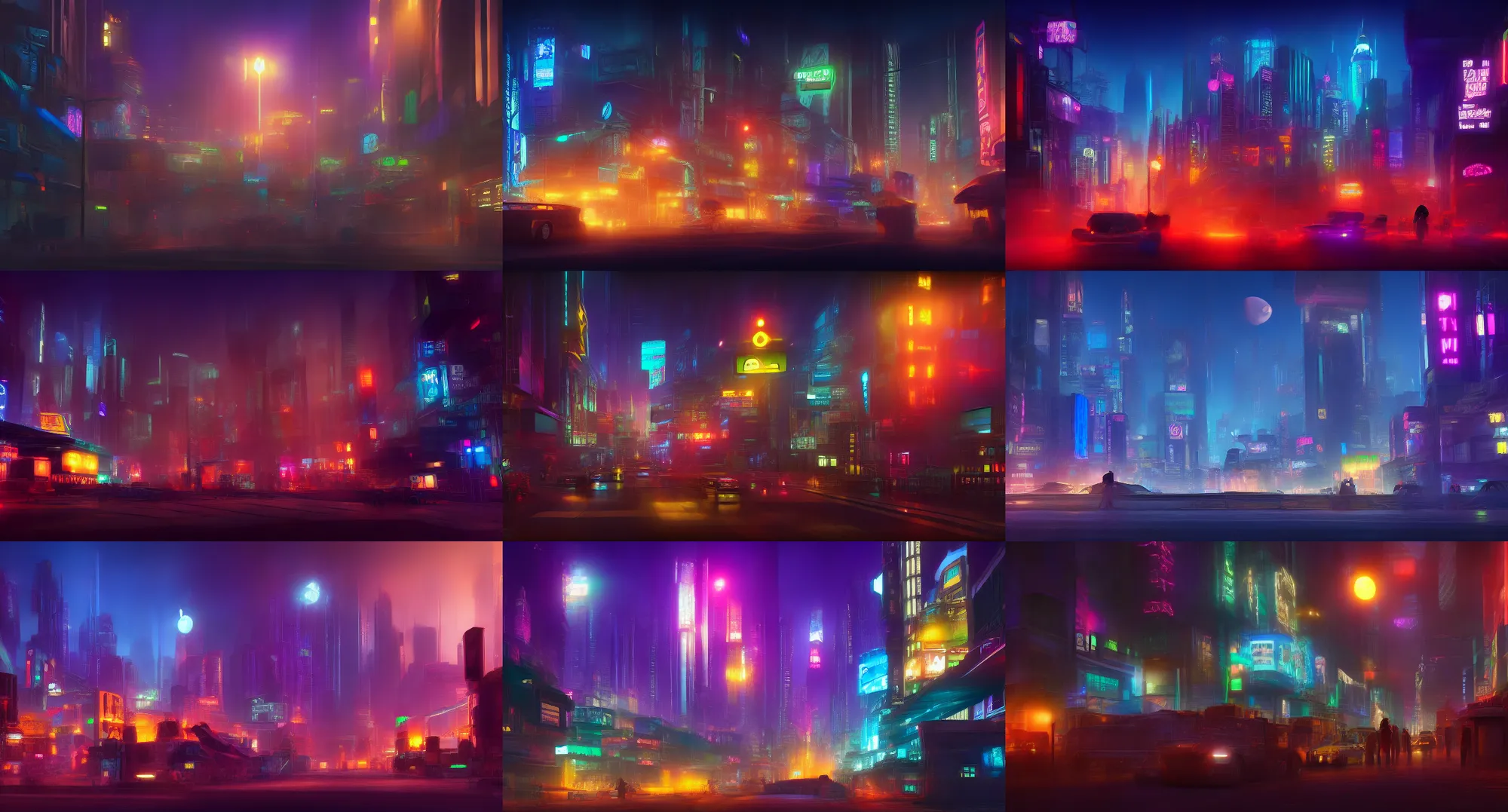 Prompt: Cyberpunk city at night, realistic lighting, pixar color script painting by Lou Romano, Dreamworks, Disney Pixar, acescg colorspace, cool blue night color palette, lego batman movie color script