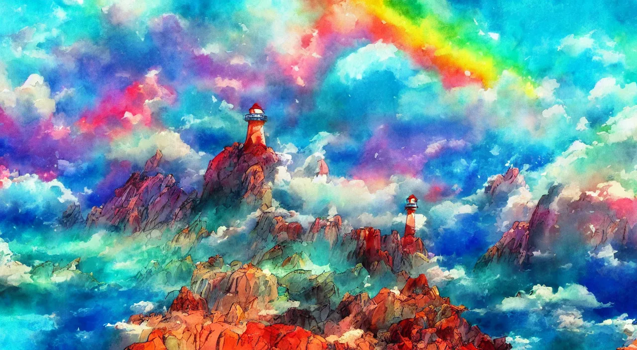 Image similar to A beautiful landscape with rainbow smoke plumes, cyan cliffs, a crimson lighthouse, vivid landscape, award-winning anime style, wallpaper, relaxing, Watercolor expressionist