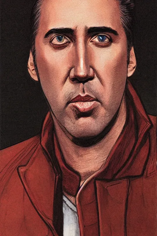 Image similar to Portrait of Nicholas Cage by Moebius