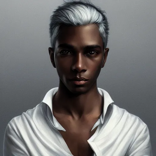 Image similar to ultra realistic illustration, young man with dark gray skin, short white hair, intricate, elegant, highly detailed, digital painting, artstation, concept art, smooth, sharp focus, illustration, art by artgerm and greg rutkowski and alphonse mucha