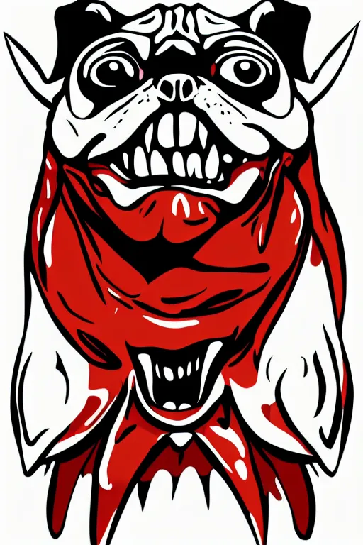 Image similar to Evil pug, the devil, sticker, blood thirsty, spawn of Satan, blood, evil, colorful, illustration, highly detailed, simple, smooth and clean vector curves, no jagged lines, vector art, smooth