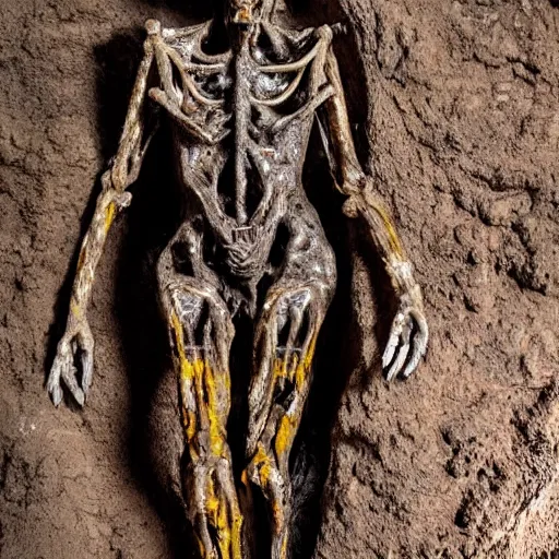 Image similar to humanoid made of translucent brown sludge full of animal bones, it has glowing yellow eyes, found in a cave made of clay, found footage, unsettling, flash photography,