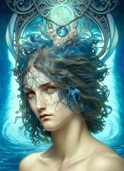 Image similar to the god poseidon, water hair, glowing eyes, volumetric lights, blue and cyan scheme, art nouveau botanicals, gothic, intricate, highly detailed, digital painting, artstation, concept art, smooth, sharp focus, symmetric face, illustration, steampunk, art by artgerm and greg rutkowski and alphonse mucha