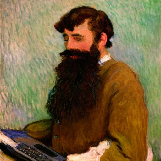 Image similar to monet painting of a bearded man with short hair, he is holding a soccer ball and a computer, highly detailed, realistic,