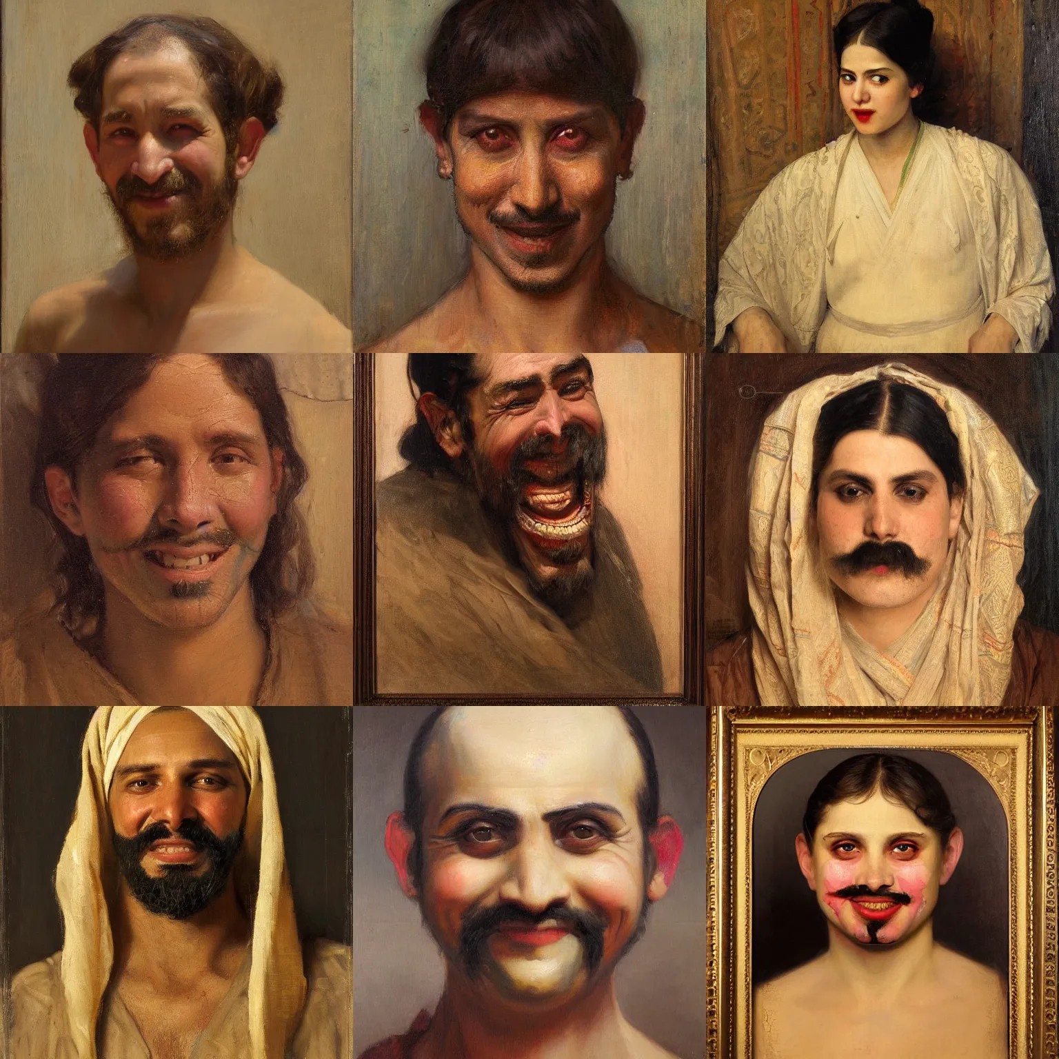 Prompt: orientalism face portrait deranged creepy smile by Edwin Longsden Long and Theodore Ralli and Nasreddine Dinet and Adam Styka, masterful intricate art. Oil on canvas, excellent lighting, high detail 8k