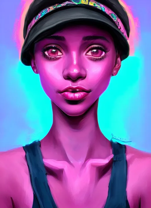 Image similar to portrait of teenage vanessa morgan with bright pink hair, black girl, curly pixie cut hair, wearing newsboy cap, pink short haircut, newsboy cap, hoop earrings, blue eyes, intricate, elegant, glowing lights, highly detailed, digital painting, artstation, concept art, smooth, sharp focus, illustration, art by wlop, mars ravelo and greg rutkowski