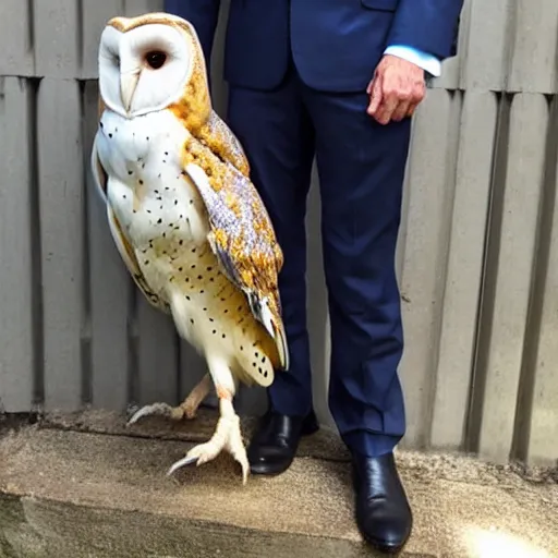 Prompt: human wearing a suit with a barn owl face