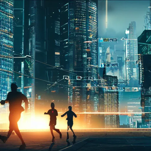 Image similar to people running away scared from cryptocurrency city, cyberpunk art ultrarealistic 8k