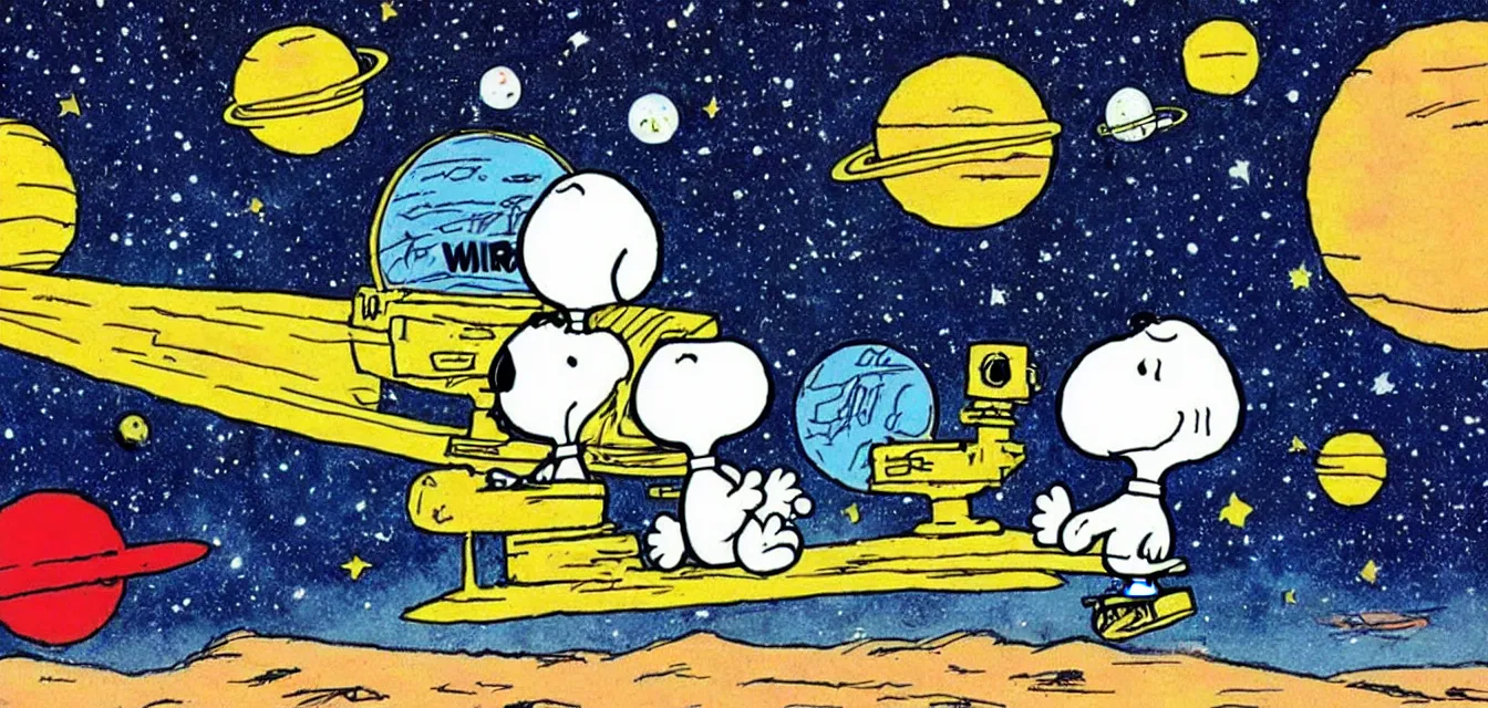 Image similar to calvin and snoopy in space exploring an alien planet, drawn by bill watterson and charles schulz, very detailed and cute and dreamy and playful