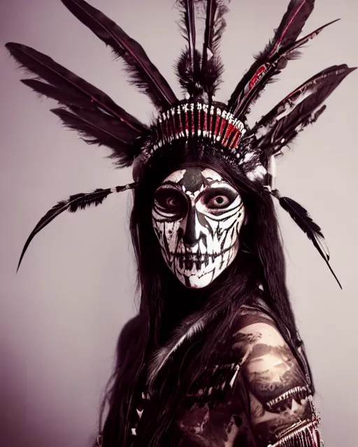 Image similar to lady native sisters ghost - spirit of the grim - warpaint wears the scarlet skull armor and native blood headdress feathers, midnight fog - mist!, cinematic lighting, various refining methods, micro macro autofocus, ultra definition, award winning photo, photograph by ghostwave - gammell - giger - shadowlord