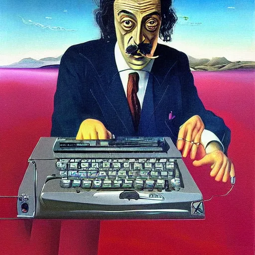 Image similar to a surreal painting of Salvador Dalí using a vintage computer in a vast surreal landscape by Salvador Dalí