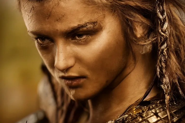 Image similar to close - up photo of a beautiful warrior princess in a battle scene, shallow depth of field, photorealistic, cinematic lighting, warm colours, dusk