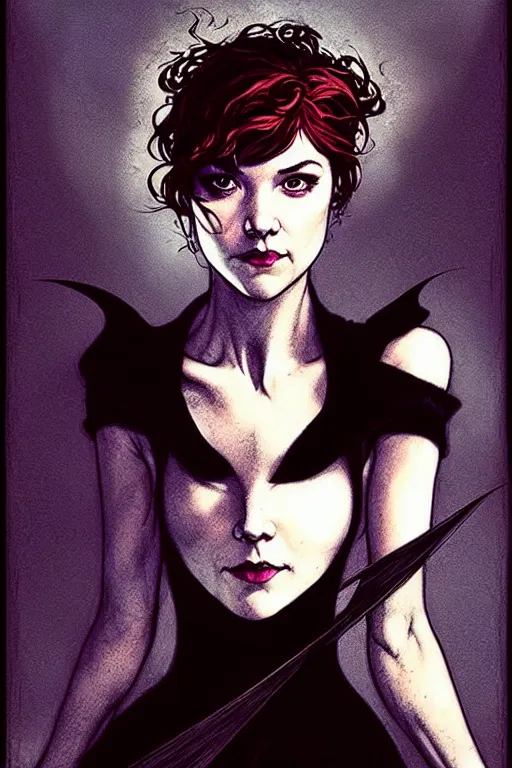 Image similar to style of arthur rackham, artgerm, rafael albuquerque, steve niles : : gorgeous mary elizabeth winstead : : evil sorceress, swirling black magic, black dress : : symmetrical face, symmetrical eyes : : full body pose : : gorgeous red hair : : cinematic lighting : :