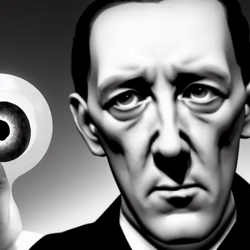 Image similar to h p lovecraft holding up an eyeball during an interview, artstation, detailed