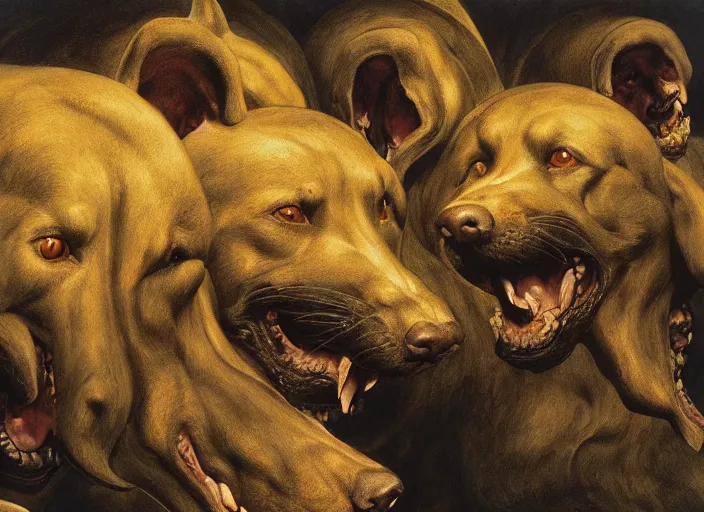 Image similar to hyperdetailed matte art of a three headed dog cerberus by william blake, ilya repin, amano, rene magritte, craig mullins, three headed dog cerberus, details