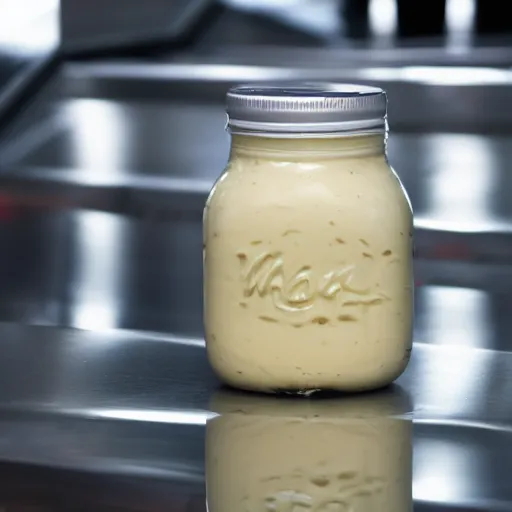 Image similar to a jar of mayonnaise on an escalator. close - up on the jar of mayonnaise. photorealistic, 8 k