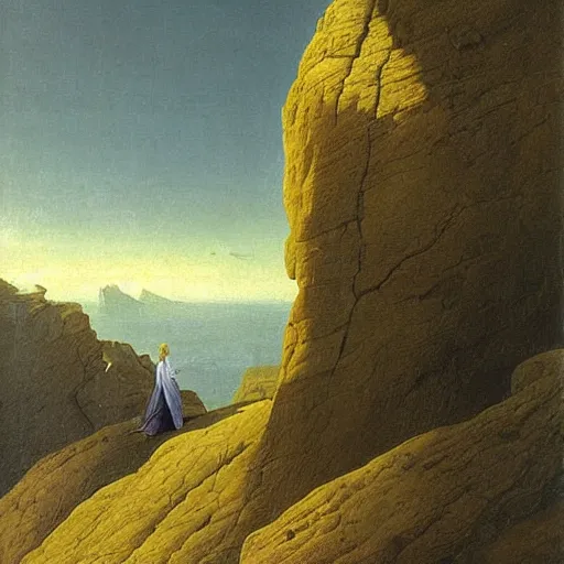 Image similar to caspar david friedrich oil painting of a cliff with a woman's face shape in the rocks,