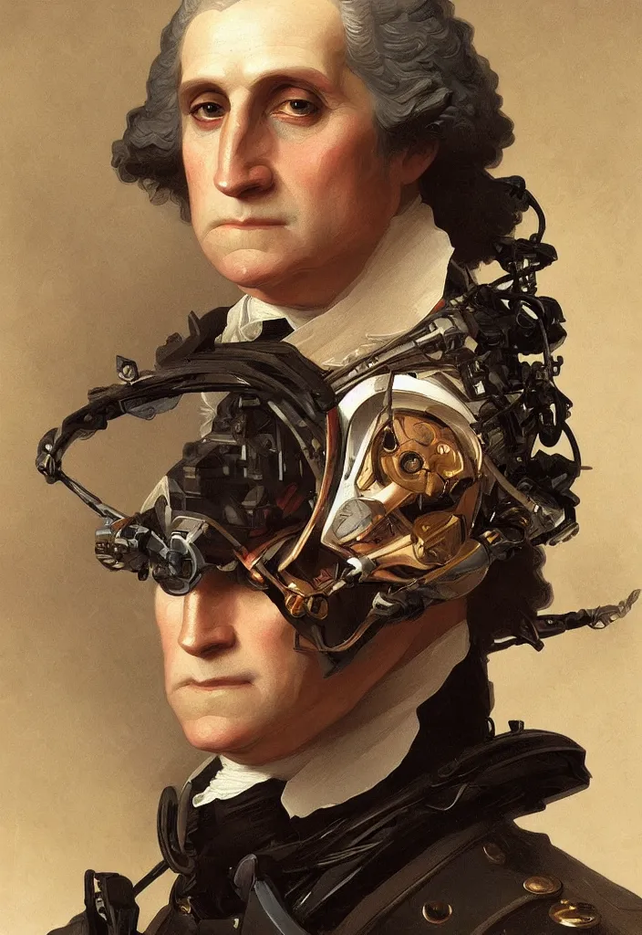 Image similar to a portrait george washington as a cyborg, intricate, war torn, highly detailed, digital painting, emotional, artstation, concept art, smooth, sharp focus, illustration, art by artgerm and greg rutkowski and alphonse mucha and william - adolphe bouguereau