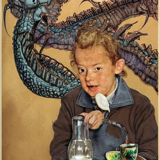 Prompt: dragwads, british dragons, ultraterrestrial dragons, drinking tea and gin at at the local tavern, subsurface scattering, soft colors, don't look out the front door no matter what you do, drawn by norman rockwell