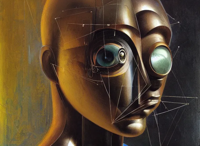 Prompt: a portrait headshot of sci fi metallic human, bright eyes, melancholic complex geometric figure liminal machinery by oskar schlemmer, moebius, john berkey, film grain, oil on canvas, portrait facial head, featured on artstation, hd wallpaper, 8 k, bright colors