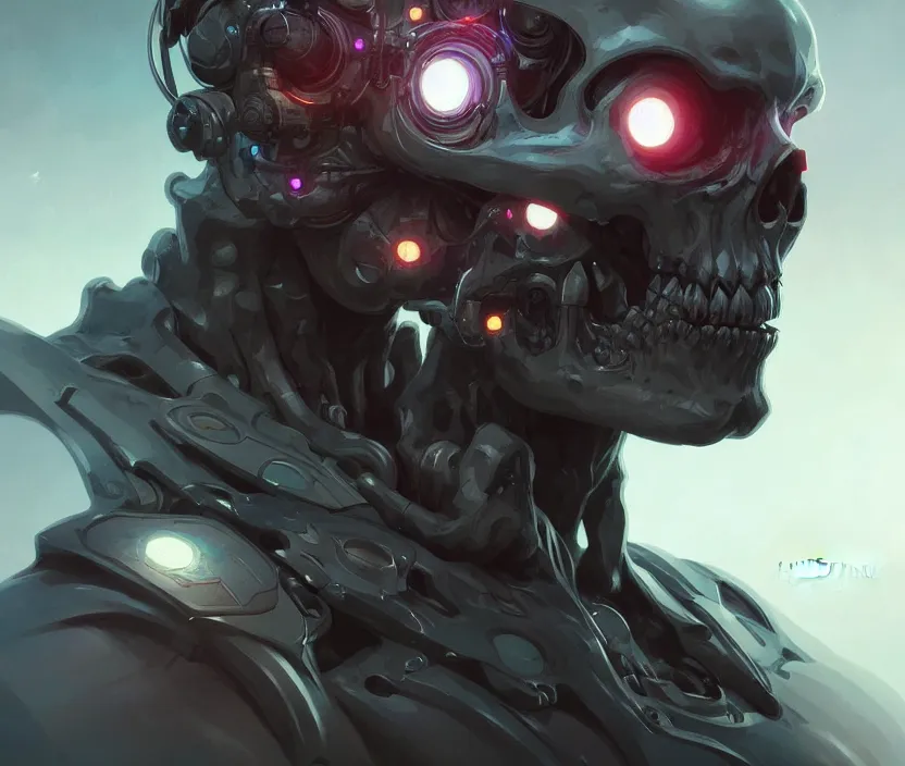 Image similar to Cyborg skull front view, sci-fi, highly detailed, digital painting, artstation, concept art, smooth, sharp focus, illustration, art by artgerm and greg rutkowski and alphonse mucha