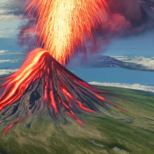 Prompt: spectacular aerial view of volcano eruption, photorealistic, ultra - detailed, 4 k high resolution, hdr shot, unreal engine rendering 4 k