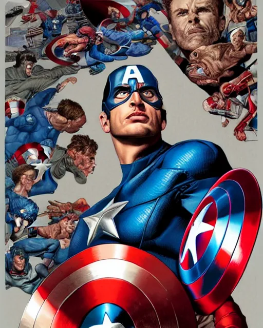 Prompt: portrait of captain america, photorealistic, hyper - realistic, ultra detailed maximalist intricate, behance, artstation, trending, by alex ross, norman rockwell, tim bradstreet, lee bermejo and darwyn cooke