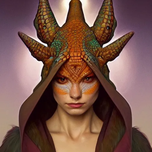 Image similar to a portrait of a lizard anthropomorphic shaman, upper half portrait, symmetry, intricate, elegant, highly detailed, symmetry, headpiece, digital painting, artstation concept art smooth sharp focus, illustration, art by artgerm and greg rutkowski alphonse mucha 8 k